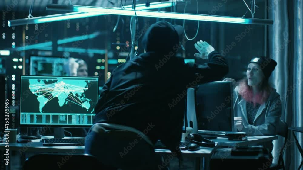 Poster Team of Teenage Hackers Successfully Attack Global Infrastructure Servers, They High-Five. Display Showing Stages of Hacking in Progress: Exploiting Vulnerability, Executing and Granted Access. 