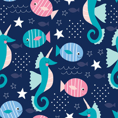 seamless sea horses and fishes pattern vector illustration