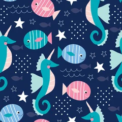 Behang naadloze zeepaardjes en vissen patroon vectorillustratie © Larienn