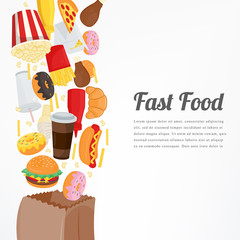 Fast food background with colorful food icons. Tasty food concept. Vector