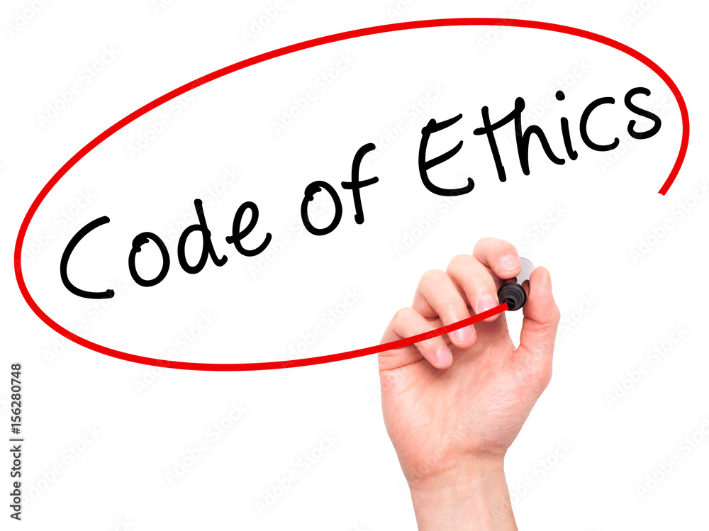 Fototapete man hand writing code of ethics with black marker on visual screen