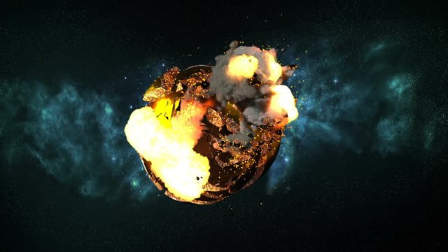 Planet Earth is hit by an asteroid and explodes with large debris, fire flames, smoke and magma. Comes with the Alpha Matte.