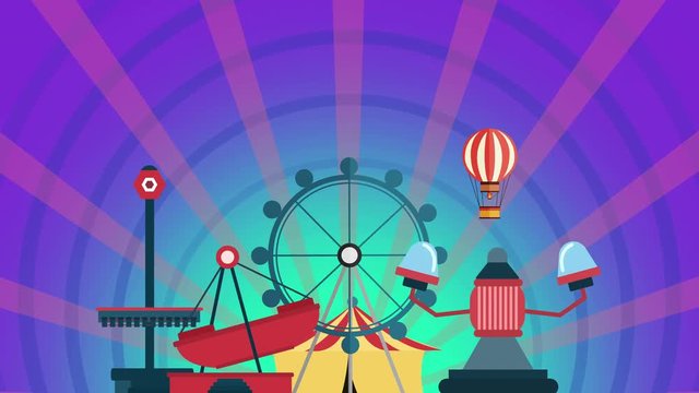 Fun Park Animation loop, colorful cartoon attraction park background over sunburst rotation with copy space. Fun and entertainment concept. children background. Cartoon fun park background.