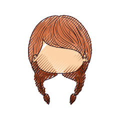 colored crayon silhouette of faceless head of little girl with two braids hairstyle vector illustration