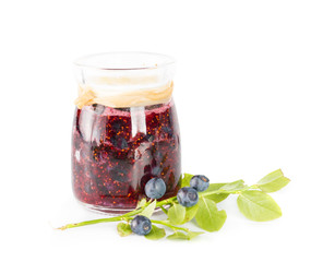 Fresh blueberry homemade jam on white background