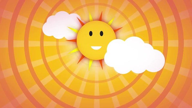 funny Cartoon smiling sun over yellow and orange sky with sunburst and some clouds, animation of cute sun vs clouds loop with copy space. 4k Animation of cute sun. children and babies background.