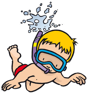 Ni&ntilde;o buceando bajo el agua con gafas y tubo