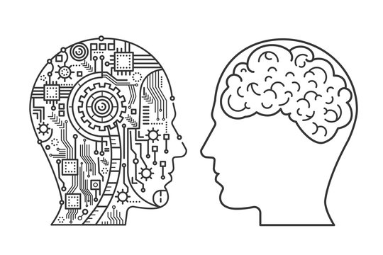 Outline stroke Machinery head of cyborg and the human one with the brain. Line style vector illustration.