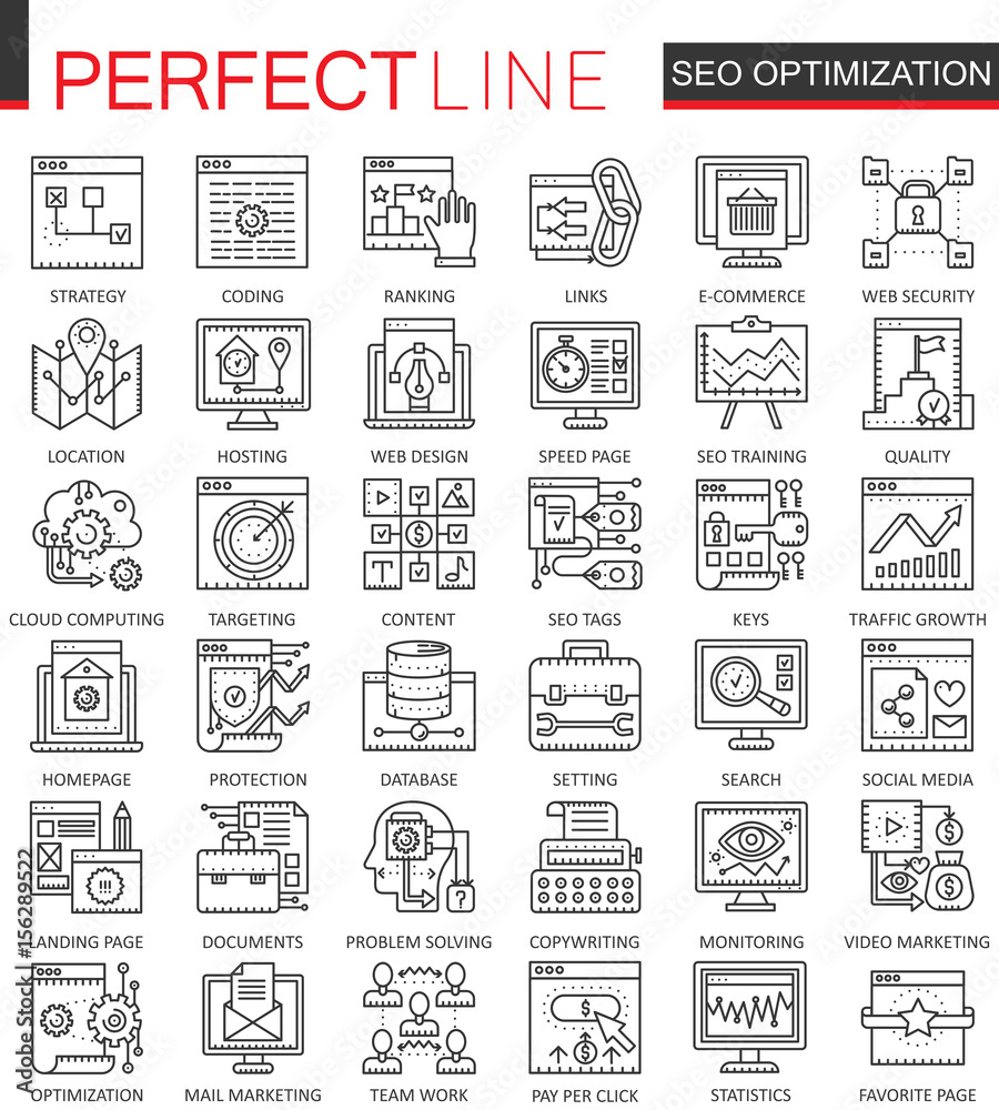 Poster SEO Search Engine Optimization outline concept symbols. Perfect thin line icons. Modern stroke linear style illustrations set.
