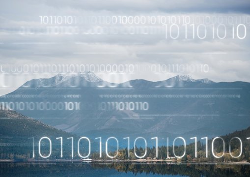 White binary code against mountain and water