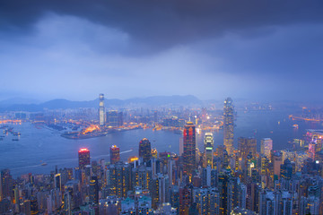 Hong Kong city skyline while rainy season.