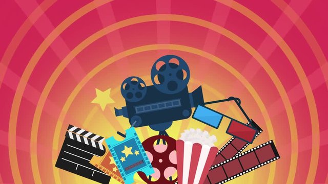 Animation of colorful cartoon Cinema and theater stuff. Cinematic camera, tape, popcorn and movie clacker background loop. Cinema Background. Cinematography Concept, Cinema and entertainment Concept