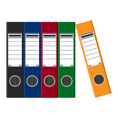 Files, ring binders, colorful office folders.