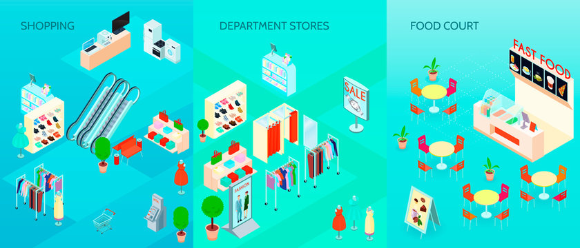 Shopping Mall Isometric Banners Set