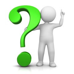 question mark green 3d interrogation point asking sign isolated on white background with man as stickman in thinker pose or with idea gesture colored for business presentations or internet