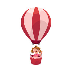 Little girl with ponytails flying in hot air balloon, aircraft, cartoon vector illustration isolated on white background. Cute, pretty little girl flying up in pink aerostat, hot air balloon