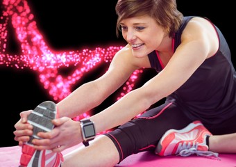 woman stretching with pink lights dna chain background