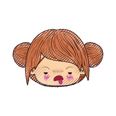 colored crayon silhouette of kawaii head cute little girl with double bun hair and unsavory facial expression vector illustration