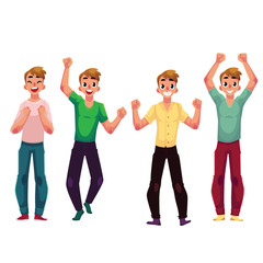 Fototapeta premium Young man, boy, guy, rejoicing, cheering, celebrating, raising clenched fists over head, cartoon vector illustration isolated on white background. Full length portrait of happy rejoicing young man