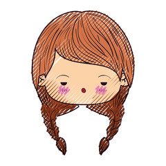 colored crayon silhouette of kawaii head cute little girl with braided hair and depressed facial expression vector illustration