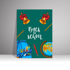 poster with the inscription welcome to the school, sketch vector illustration on white background. Hand drawn school bag bell globe clock frame with round place for text