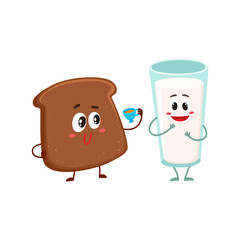 Funny dark, brown bread slice and milk glass characters, breakfast combination, cartoon vector illustration isolated on a white background. Brown bread slice and glass of milk characters, mascots