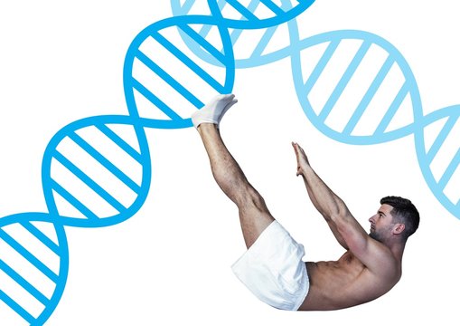 men doing stretching with blue dna chain and white back - Powered by Adobe