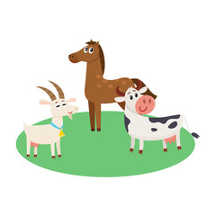 Farm horse, cow and goat grazing upon the green pasture, cartoon vector illustration isolated on white background. Cute and funny farm horse, goat, cow with friendly faces and big eyes
