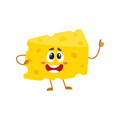 Funny cheese chunk character showing thumb up, good quality concept, cartoon vector illustration isolated on white background. Funny cheese piece character, mascot with human face giving thumb up