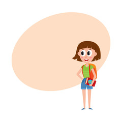 Young pretty woman, tourist with backpack and guide on vacation tour, cartoon vector illustration with space for text. Full length portrait of young woman, girl tourist on sightseeing tour