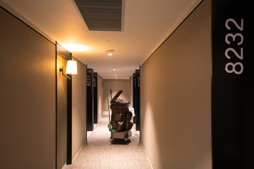 The cleaning car in the hotel corridor