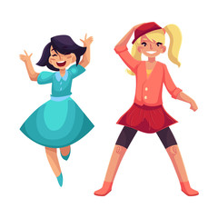 Obraz na płótnie Canvas Two girls dancing at party, one in blue dress, another wearing skirt and leggings, cartoon vector illustration isolated on white background. Happy girls dancing, having fun at a kids party