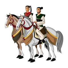 Samurai Warriors Riding Horses, designed on sunset background graphic vector.