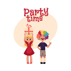 Kids, boy in clown wig and red nose, girl holding birthday gift, ,cartoon style invitation, banner, poster, greeting card design. Party invitation, advertisement, Two kids, with clown nose, hair
