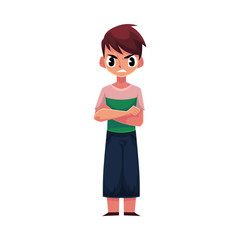 Little boy, child in casual clothes standing with frowned, angry face expression, cartoon vector illustration on white background. Frowning, irritated, angry boy standing with arms crossed on breast