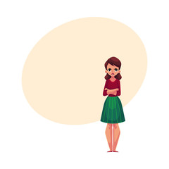 Young woman, girl in casual clothes standing with frowned, angry face expression, cartoon vector illustration with space for text. Frowning, irritated girl, woman standing with arms crossed on breast