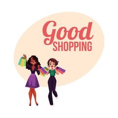 Poster, banner template with happy black and white girl, woman holding shopping bags, cartoon vector illustration. Poster, banner with happy black and white girls, women, friends holding shopping bags