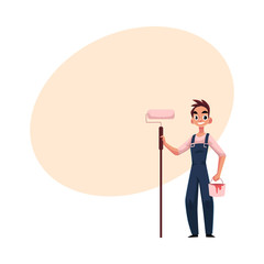 Happy, smiling painter standing holding paint roller, cartoon vector illustration with space for text. Full length portrait of Caucasian painter, construction worker with roller and bucket