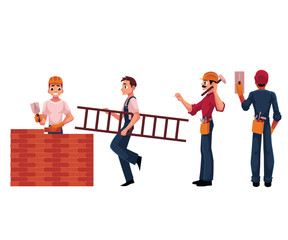 Construction workers, builder, electrician wearing helmets and overalls, cartoon vector illustration isolated on white background. Builders, workers working on construction site