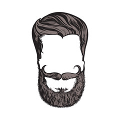 Hand drawn hipster hairstyle, beard and mustache, sketch style vector illustration isolated on white background. Hand drawing of hipster hair, beard and whiskers, logo design