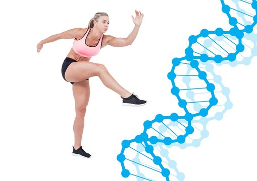 sporty woman with blue dna chain. White background
