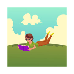 Full length portrait of girl, woman in glasses reading book while lying on grass under summer sky, cartoon vector illustration. Girl, woman in glasses lying on grass, lawn, in park, reading book