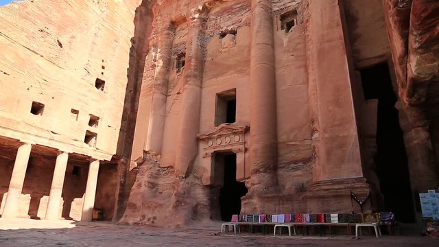 Facade of Urn Tomb of the Royal Tombs, ancient city of Petra - ancient historical and archaeological rock-cut city in Hashemite Kingdom of Jordan