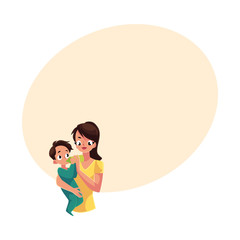 Mother holding and feeding her little baby son with milk bottle, cartoon vector illustration with space for text. Half length portrait of young mother holding and feeding her baby son