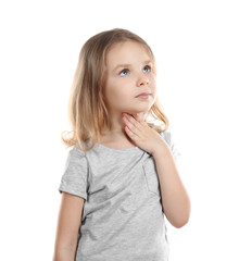 Little ill girl with sore throat, isolated on white. Concept of allergy