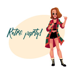 Retro disco party invitation, poster template, layout with woman in 1990s grunge style clothes, flannel shirt, cartoon vector illustration. Nineties style disco party invitation banner poster template