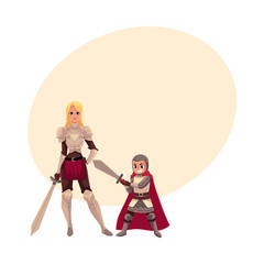 Medieval woman knight in metal suit and her armor bearer, squire, cartoon vector illustrationwith space for text. Full length portrait of medieval heavy armored knight girl and armor bearer