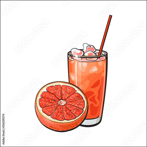 "Half grapefruit and glass of freshly squeezed juice with ice and straw