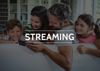 Streaming text against family with tablet and dark overlay