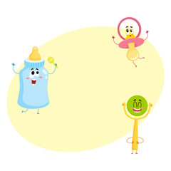Funny baby pacifier, milk, bottle and rattle toy characters, child care concept, cartoon vector illustration with space for text. Baby dummy, feeding bottle and rattle toy characters